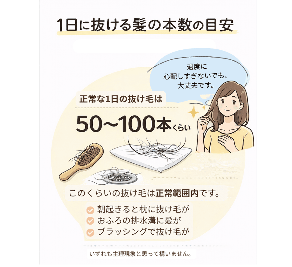 1日に抜ける髪の本数の目安：正常な1日の抜け毛は50〜100本くらい