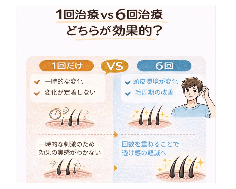 1回治療vs6回治療どちらが効果的？：6回の継続で頭皮環境が変化し毛周期の改善へ
