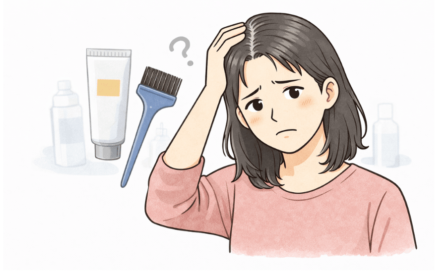 薄毛治療中にカラー剤選びで悩む女性のイラスト