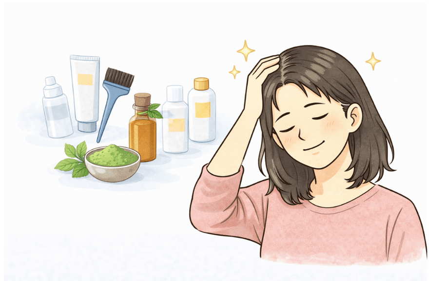 頭皮に優しいカラー剤を選び笑顔の女性のイラスト