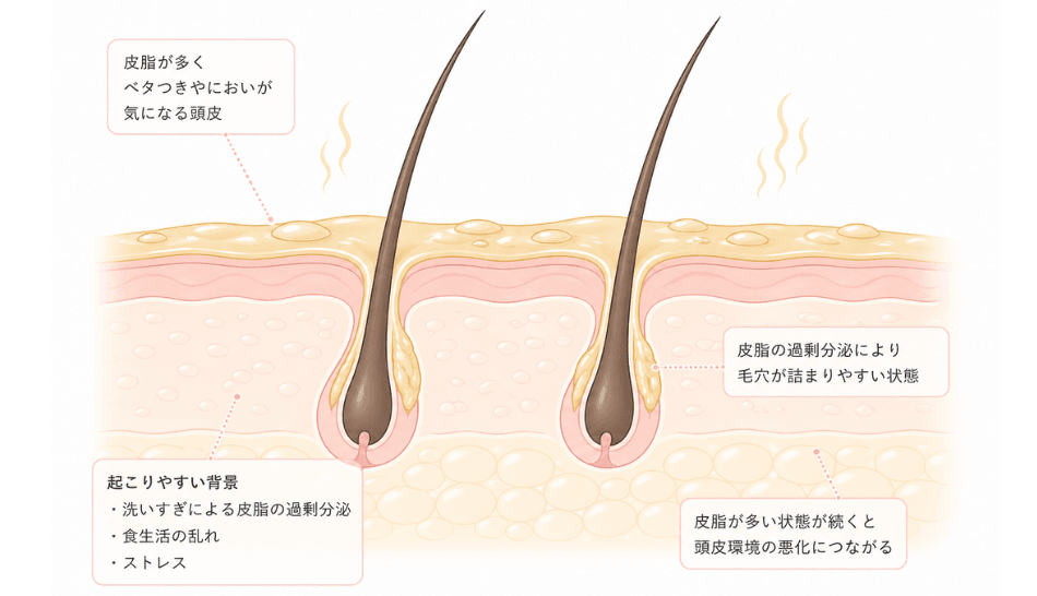 頭皮のベタつきとにおいの原因となる皮脂分泌バランスの乱れを示したイラスト