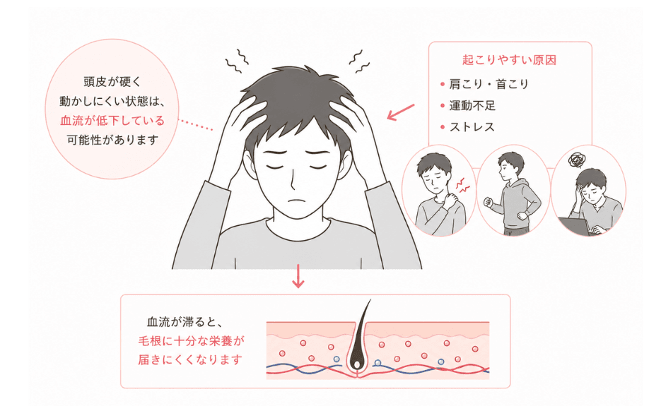 頭皮の硬さと血流低下の関係を示したイラスト