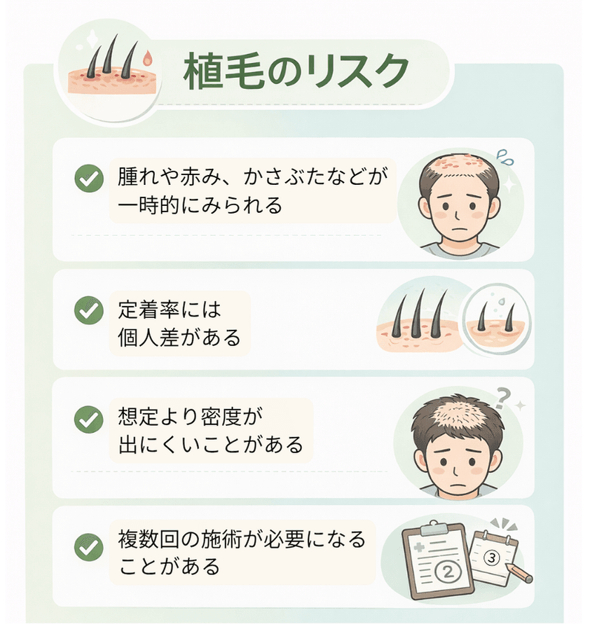 植毛のリスク（腫れ・赤み・かさぶた、定着率の個人差、密度の限界、複数回の施術）を示したイラスト