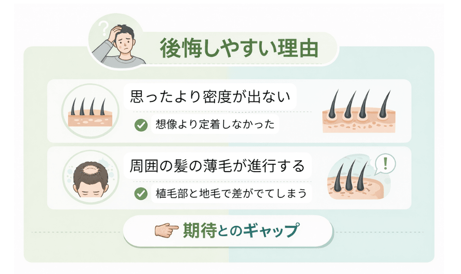 植毛で後悔すると言われる主な理由（密度不足・薄毛の進行・自然さの違和感）を示したイラスト