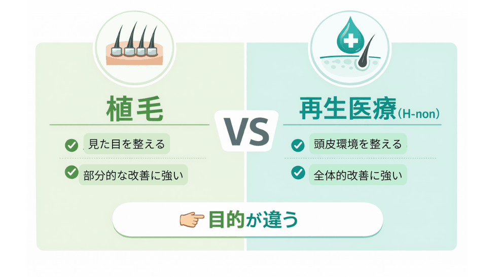 植毛と再生医療（H-non療法など）の比較を示したイラスト