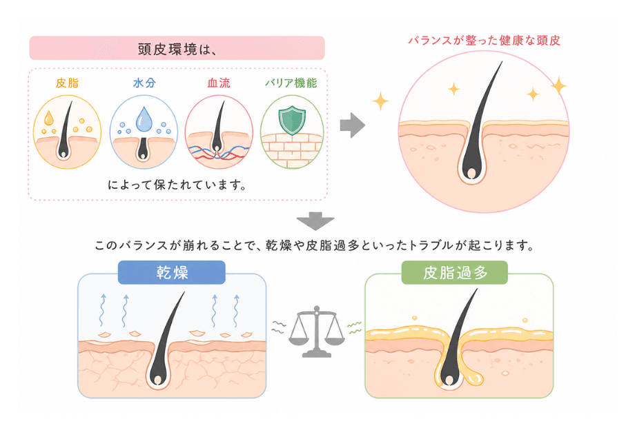 頭皮環境を保つ皮脂・水分・血流・バリア機能と、バランスが崩れて乾燥・皮脂過多になる状態を示したイラスト