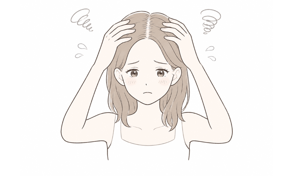 分け目やボリュームの変化が気になり頭に手を当てて悩む女性のイラスト