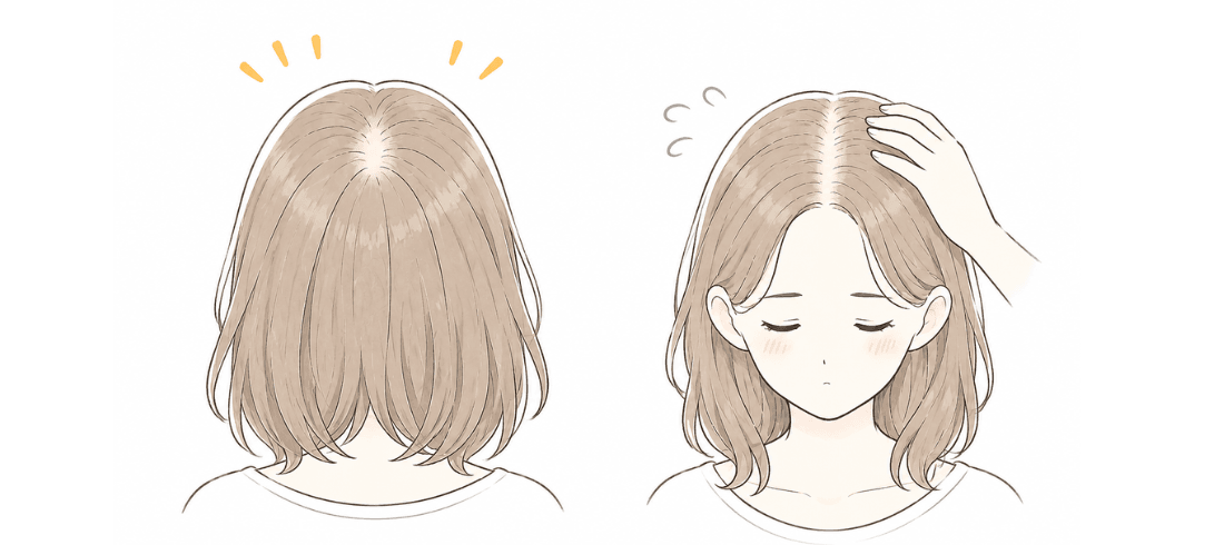 後ろ姿で広がって見えるつむじと、つむじ周辺の地肌が気になる女性のイラスト