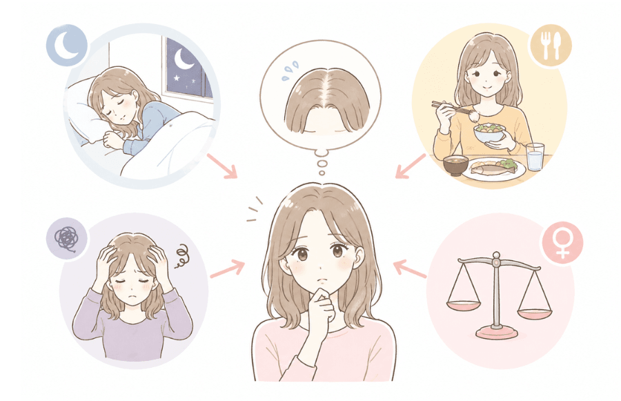 睡眠・食事・ストレス・ホルモンバランスが頭皮や髪に影響することを示すイラスト
