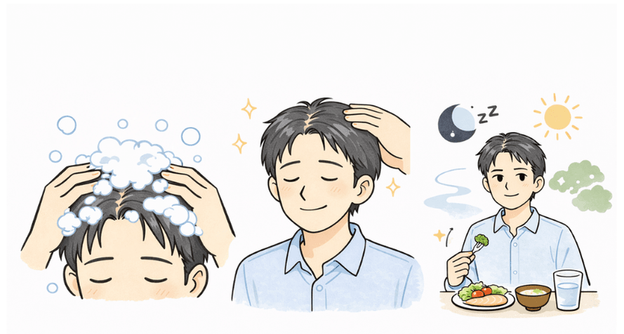 正しい洗髪・頭皮マッサージ・バランスの良い食事のイラスト