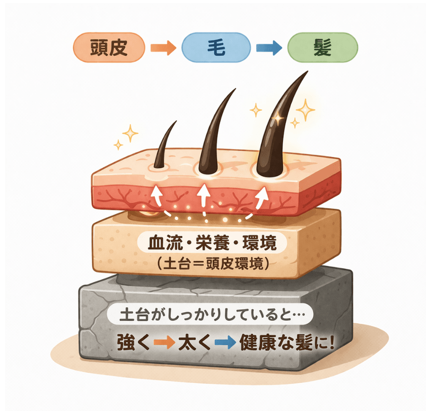 頭皮環境の土台と健康な髪の関係を示すイラスト