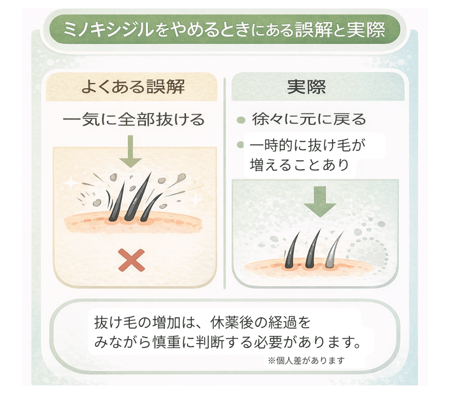 「一気に全部抜ける」という誤解と、徐々に元に戻る・一時的に抜け毛が増えることがあるという実際を対比した図