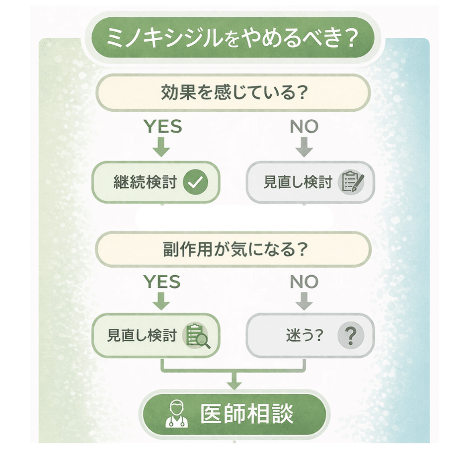 効果を感じているか・副作用が気になるかで継続検討か見直し検討かを判断し、医師相談につなげるフローチャート